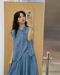 Summer Korean Artistic Ramie Mini Flutter Sleeve Stand Collar Diagonal Placket Lightweight Shirt