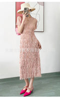 Pleated Fringe Short Sleeve Long Dress, Light Luxury Casual