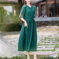 Ethnic Style Embroidered Cotton Jacquard Mid-Length Dress, Fitted Slimming