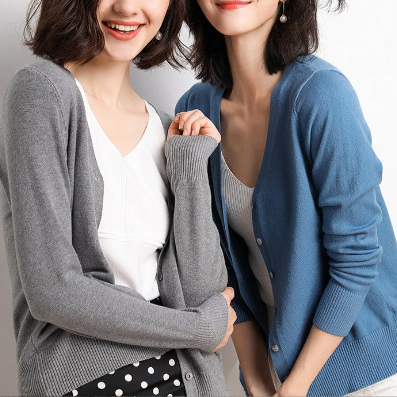 Women's Fall Artistic Fashion Knit Wool Long Sleeve V-Neck Loose Sweater + Cardigan + - Blue