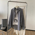 Fall Office Korean Lapel Collar Plaid Textured Loose Cardigan + Shirt