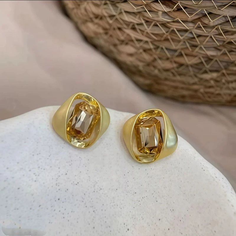18K Gold-Plated Brushed Square Rhinestone Earrings - view 4