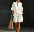 Summer Old Money Relaxed Linen Short Sleeve V-Neck Loose Wide Leg Pants + Top 2-Piece Set
