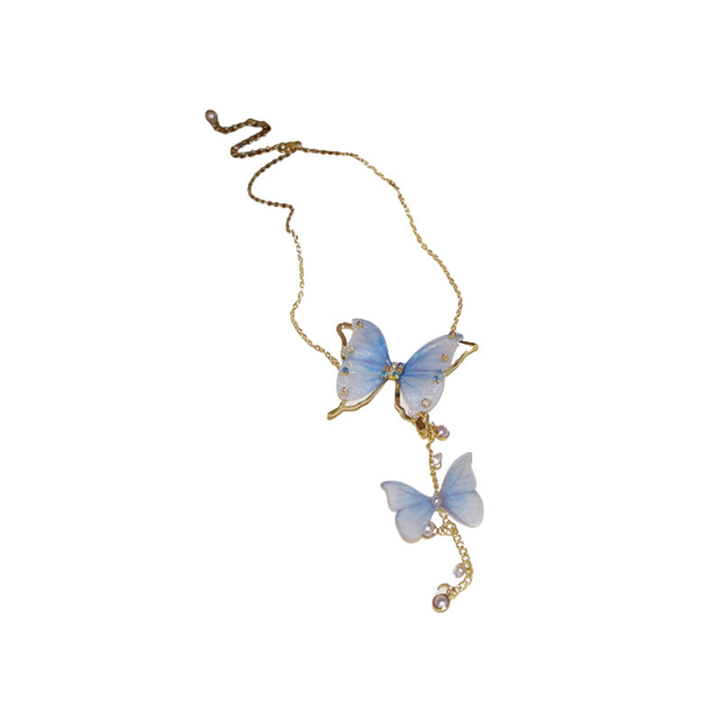Rhinestone Pearl Butterfly Tassel Necklace – Korean-Inspired Style - view 5