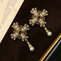 Vintage Cross Drop Imperial Breeze Western Retro Pearl Earrings Rhinestone Fashionable Personality Stud