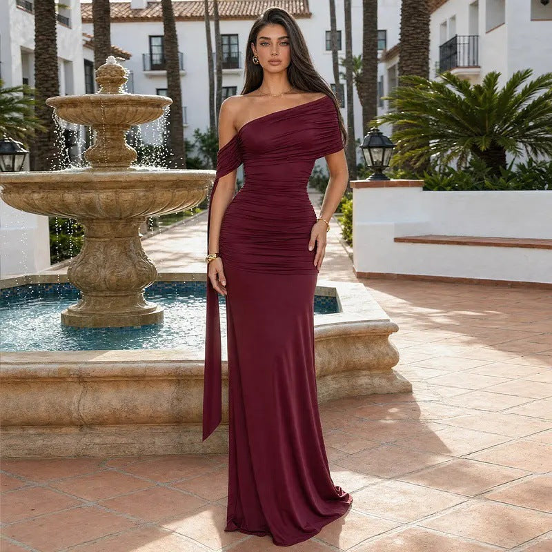 French One-Shoulder Ribbon Fish-Tail Gown - Ruched Waist Slimming Long Dress