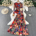 French Slimming Mesh Crew Neck High Waist Printed Tee + Long Skirt + Top 2-Piece Set
