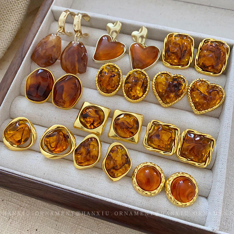 Brown Heart Oval Statement Earrings - view 3