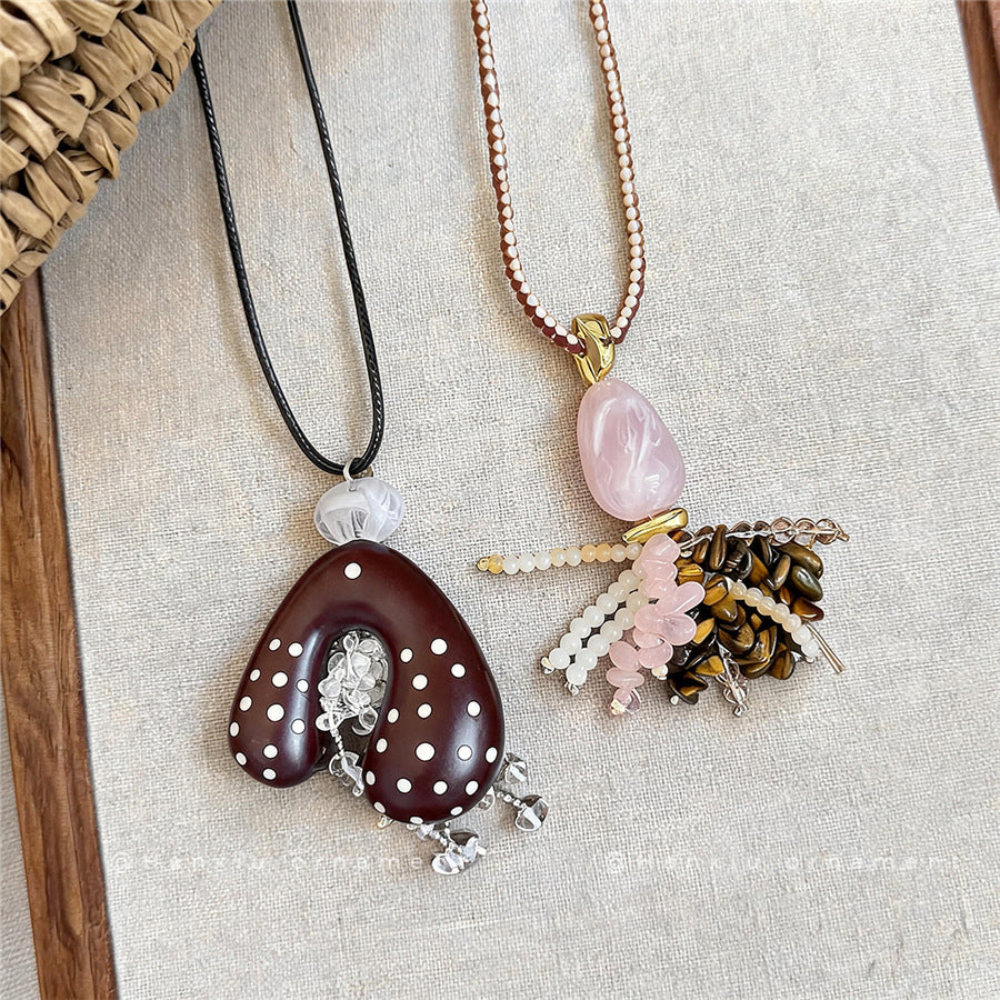 Vintage Polka Dot Heart Tassel Necklace - view 2