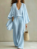 Summer Plus Size V-Neck Drawstring Wide Leg Cardigan + Pants 3-Piece Set