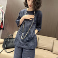 Summer New Chinese Embroidered 3/4 Sleeve Heavy Wide Leg Pants + Top 2-Piece Set