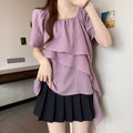 Summer French Designer Short Sleeve Boat Neck Square Neck Ruffle Shirt