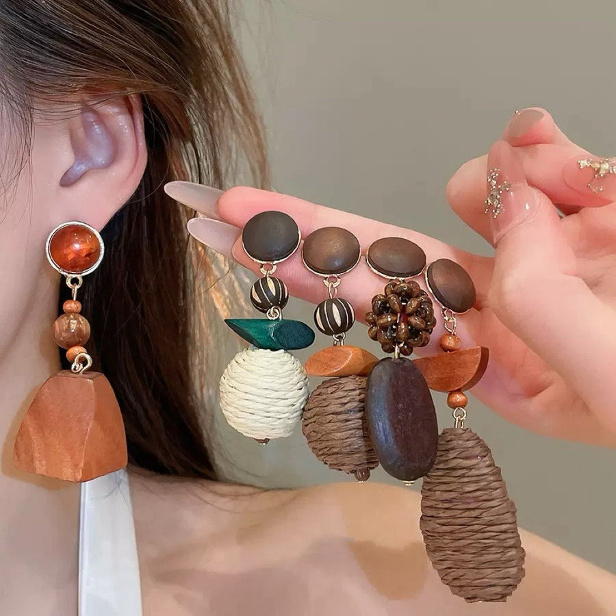 Vintage Round Wooden Drop Earrings - view 4