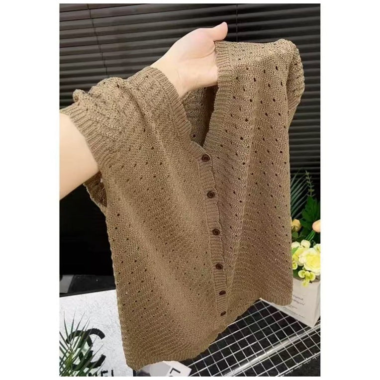 Women's Casual Elegant Knit Short Sleeve V-Neck Hollow-Out Cardigan + Top 2026 - Coffee Sleeveless Top