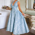 Retro Embossed Floral Pattern V-Neck Sleeveless Swing Dress