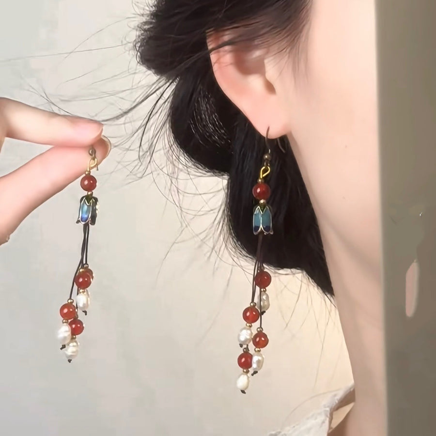 Chinese-Style Glass Bead Tassel Drop Earrings - view 6