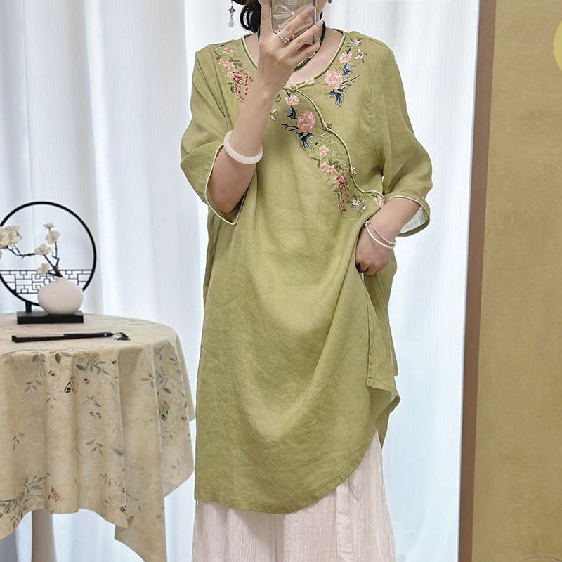 New Chinese Style Modified Cheongsam Dress, Cotton Linen Embroidery Tea Dress