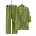 Women's Linen Cotton 3/4 Sleeve Textured Loose Elastic Jacket + Pants Set 2026 - Black