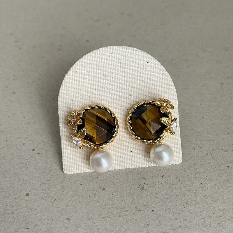 18K Gold-Plated Zircon Butterfly Tiger's Eye Stud Earrings - view 8