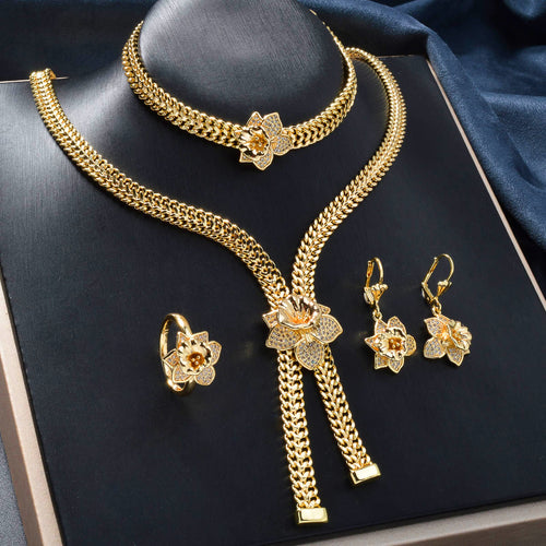 EU/US Import Dubai Gold 18K Personality ins Necklace Bracelet Set Earrings Ring India Knot Wedding Women Accessory Set