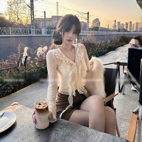 Women's V-Neck Sheer Ruffle Bell Sleeve Blouse