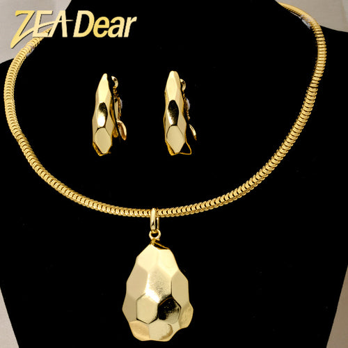 Dubai Gold Overseas Accessory Teardrop Type Pendant Honeycomb Shiny Texture Necklace Earrings Set 2-Piece Set Bestseller Style