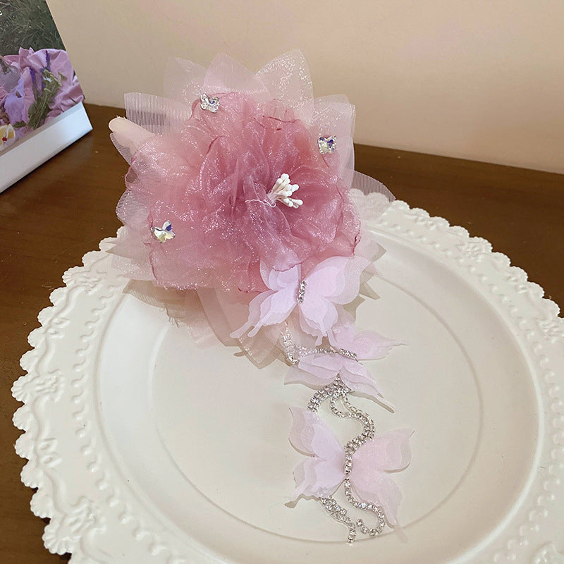 Rhinestone Mesh Flower Butterfly Hair Clip - view 6