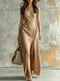 Minimalist Sleeveless Belted Slit Long Dress, Vacation Style