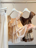 Summer Korean Fashion Mini Flutter Sleeve Tie-Front Ruffle Shirt + Skirt