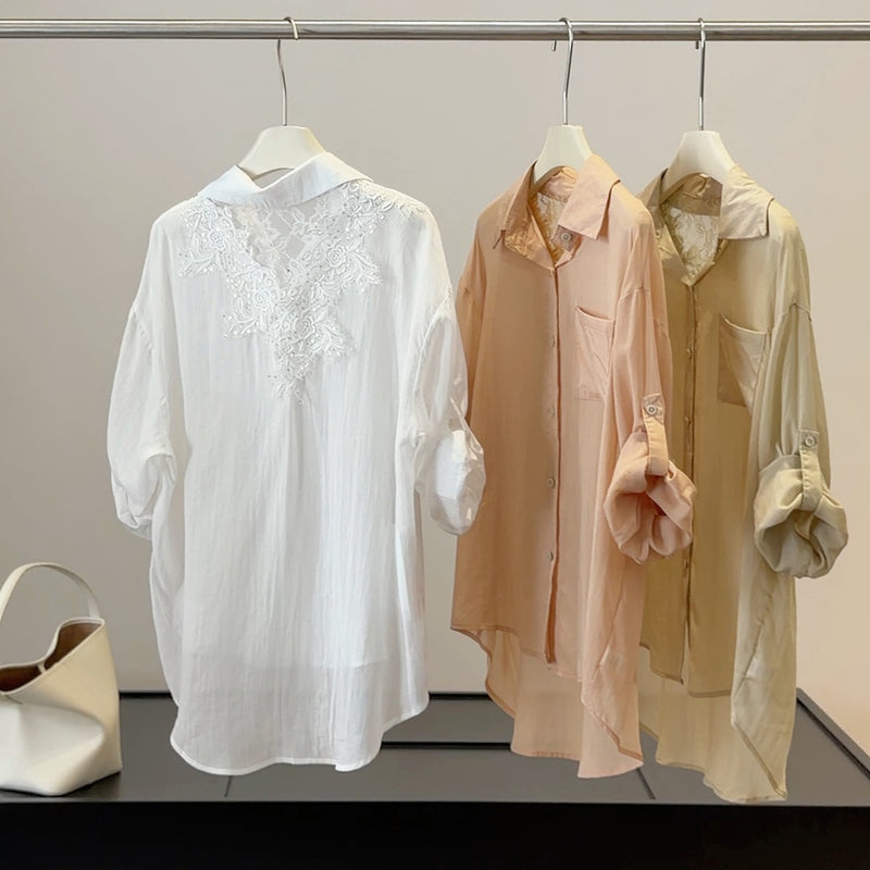 Summer Korean Slimming Tencel Lace Patchwork Sun-Protection Loose Cardigan + Shirt