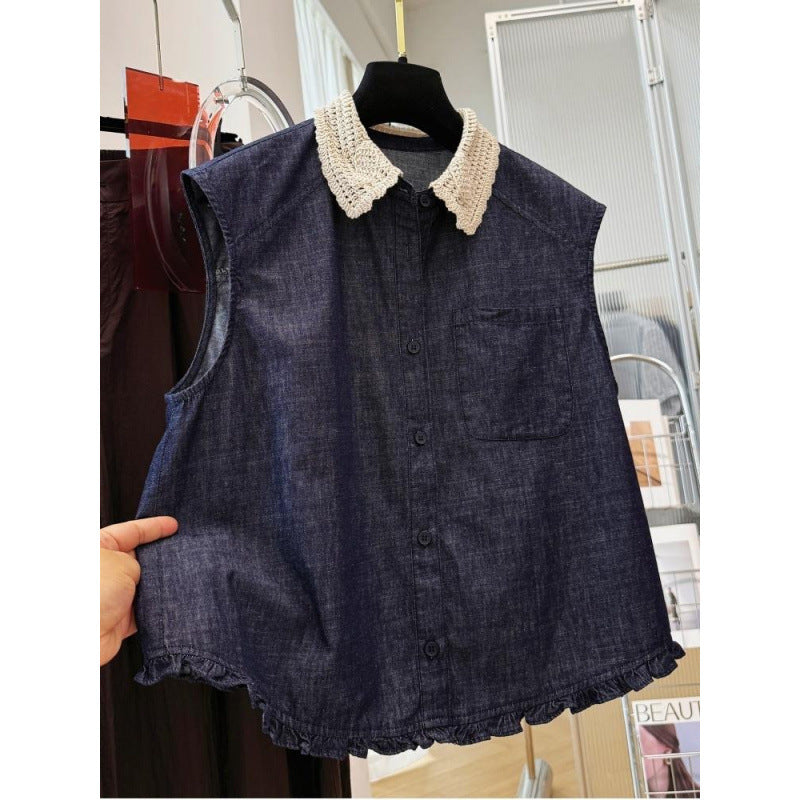 Women's Summer Korean Casual Sleeveless Lapel Collar Lightweight Shirt + Vest + Tank - Dark Denim