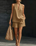 Summer Old Money Relaxed Linen Short Sleeve V-Neck Loose Wide Leg Pants + Top 2-Piece Set