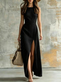 Minimalist Sleeveless Belted Slit Long Dress, Vacation Style