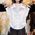 Summer Korean Elegant Short Sleeve Lapel Collar Drawstring Waist-Tie Shirt