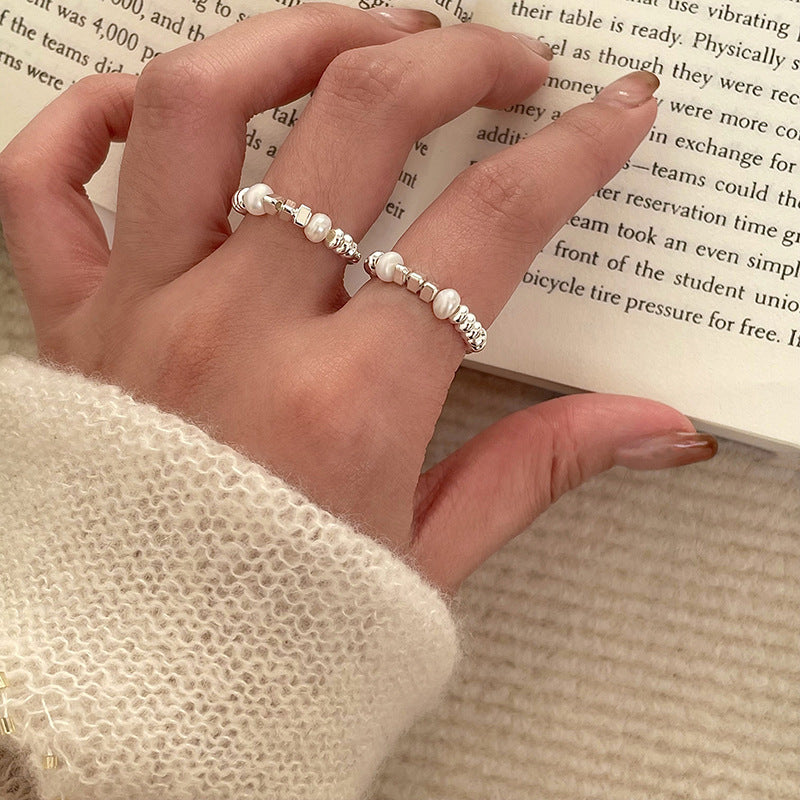 Korean-Style Stretch Pearl Ring – Irregular Geometric Design - view 2