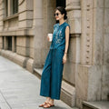 Women's New Chinese Old Money Jacquard Mesh Sleeveless Heavy Elastic Wide Leg Pants + - Blue