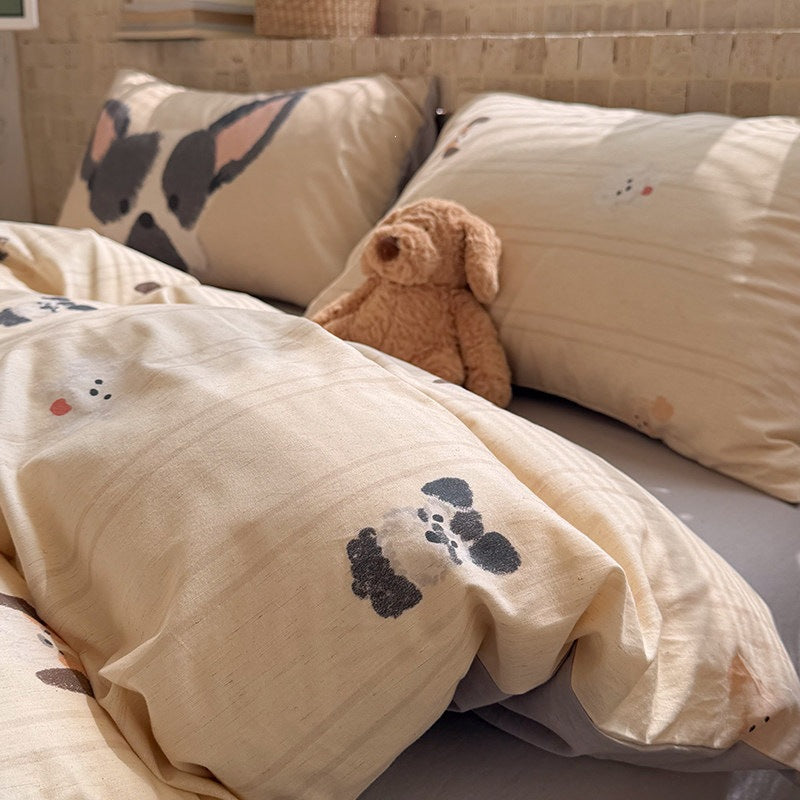 Pink Charcoal Blue Kitty Cotton-Linen 4-Piece Bedding Set - view 5