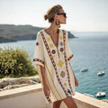 Bohemian Print V-Neck Loose Beach Dress, Summer Sun Protection