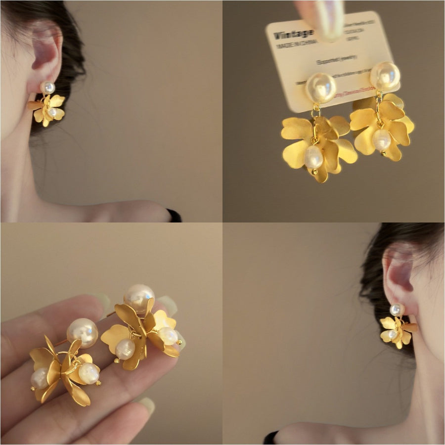 French Gold Butterfly Flower Stud Earrings - view 3