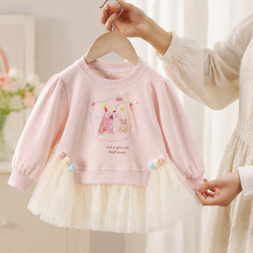 Girls' Sweet Cartoon Print Hoodie - Lace Trim Fall Top