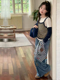 Girls' Faux Layered Striped Tee & Cartoon Jeans Set