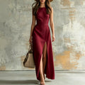 Minimalist Sleeveless Belted Slit Long Dress, Vacation Style