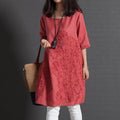 Korean Style Plus Size Cotton Linen Embroidered Short Sleeve Dress