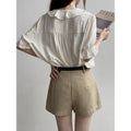 Summer Office French Short Sleeve V-Neck Tie-Front Ruffle Shirt