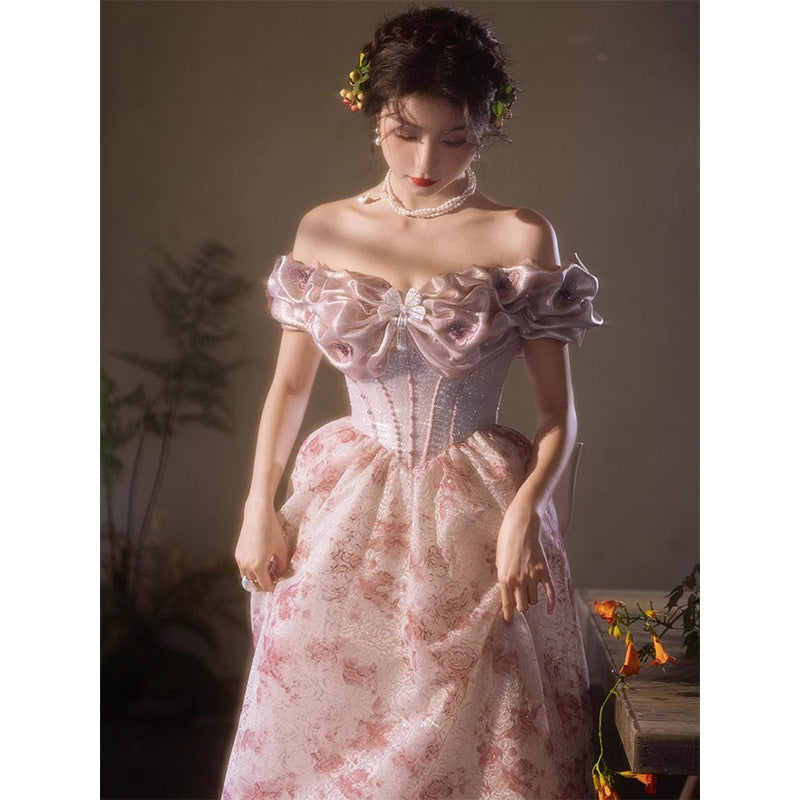 French Retro Off-Shoulder Wedding Dress - Luxury Bridal Gown with Robe Women