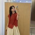 Summer Korean Artistic Ramie Mini Flutter Sleeve Stand Collar Diagonal Placket Lightweight Shirt