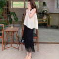 Brightening Relaxed Sleeveless Pleated Fringe Skirt + Top Set