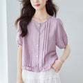 Summer Korean Fashion Short Sleeve Crew Neck Patchwork Lace Trim Shirt