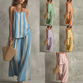 Women's Vacation Casual Linen Cotton Striped Loose Wide Leg Camisole + Pants 2-Piece - Sky Blue