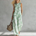 Old Money Style Linen Two-Piece Set - Sleeveless Print Top plus Wide Leg Pants
